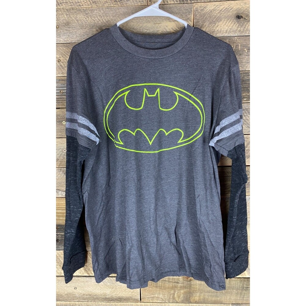 Batman Mens Sz L Gray With Black Long Heather Sleeves Crewneck Shirt